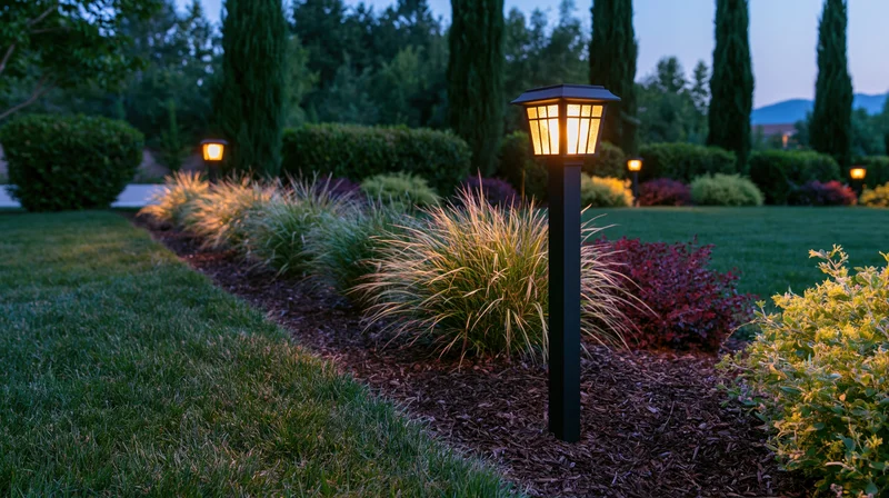 Black bollard path lights glowing warm amber along a landscaped garden path at dusk