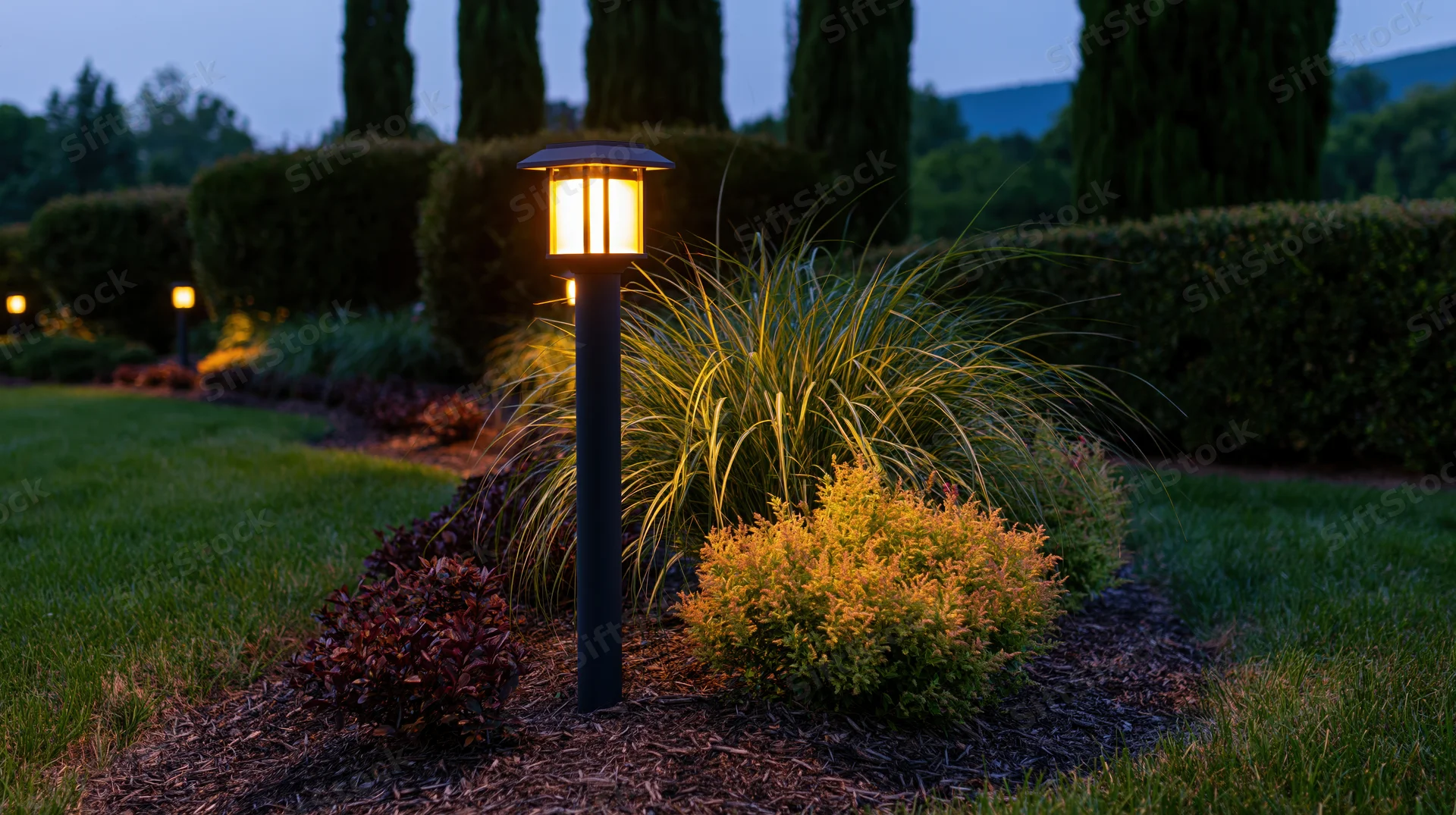 Tall black bollard light glowing warm amber along a garden path at dusk