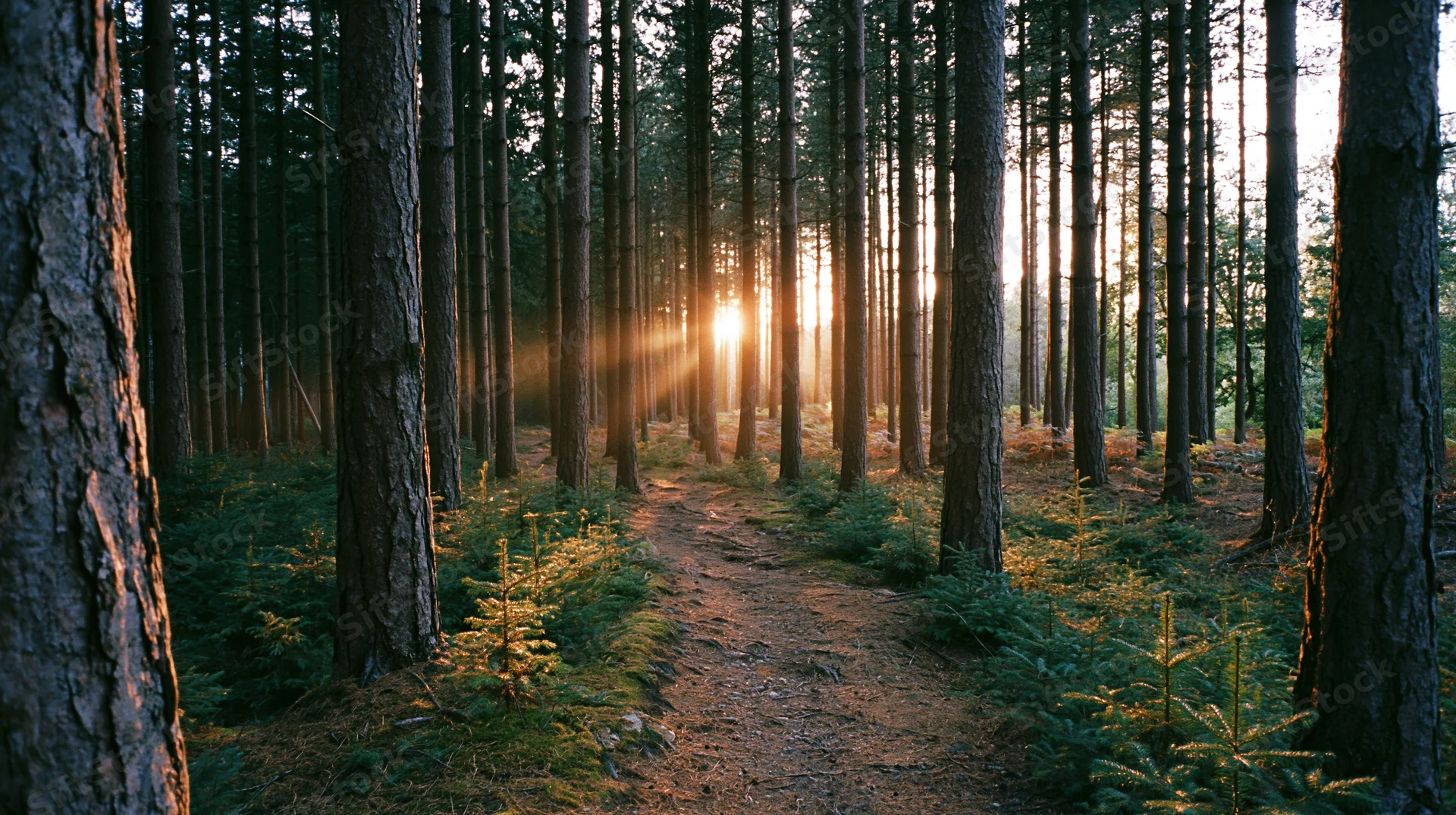 Dirt path winding through tall conifer forest at sunrise