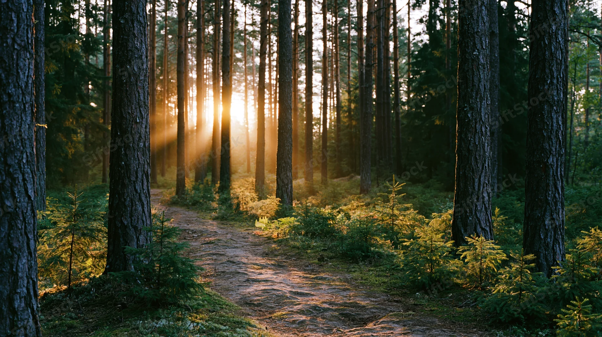 Dirt path winding through tall pine forest with sunlight streaming through trees at dawn