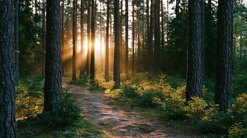 Dirt path winding through tall pine forest with sunlight streaming through trees at dawn