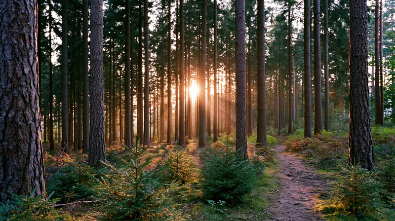 Sunlight filtering through tall conifer trees along a dirt path in a forest at sunrise