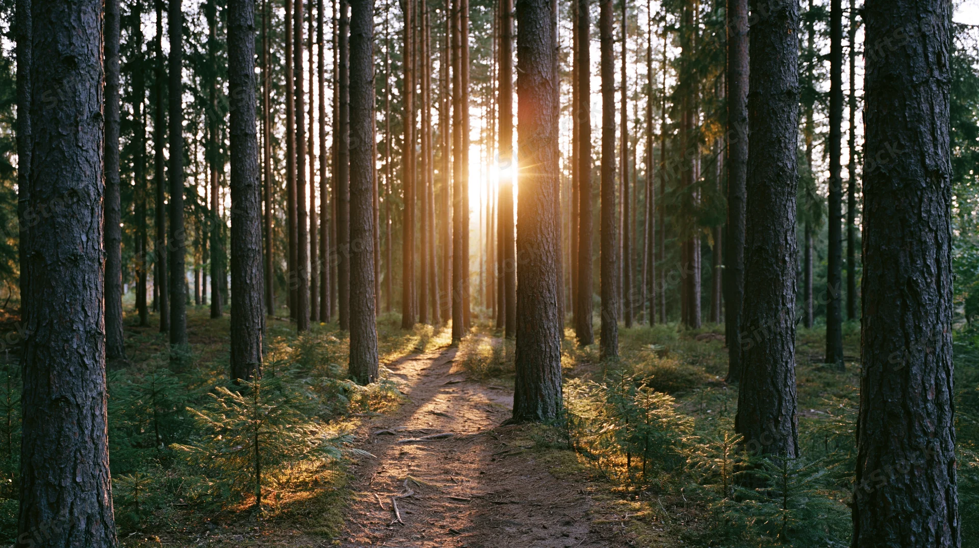 Dirt path winding through tall pine forest with sunlight filtering through trees at dawn