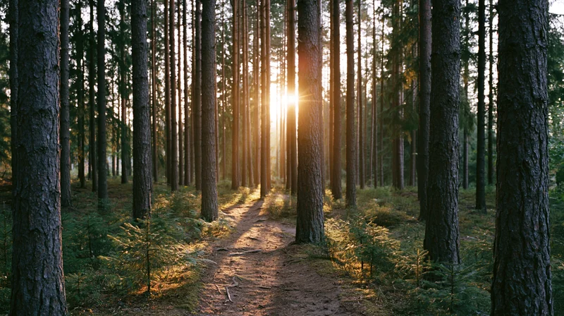 Dirt path winding through tall pine forest with sunlight filtering through trees at dawn