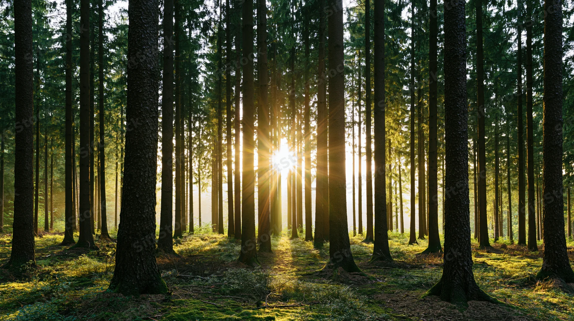 Sunlight breaking through tall conifer trees in a dense forest at dawn