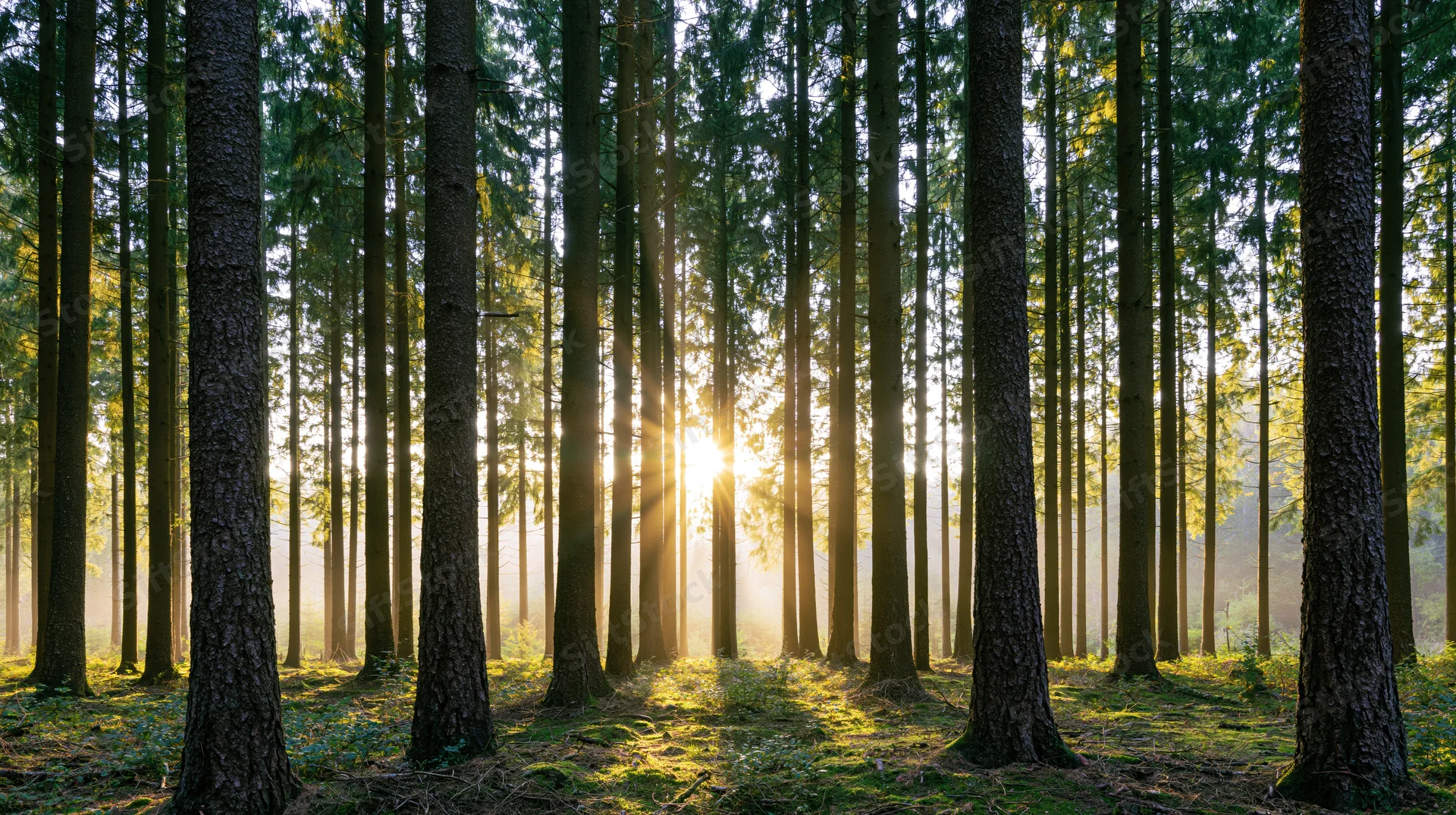 Sun rays breaking through tall conifer trees in a dense forest at dawn
