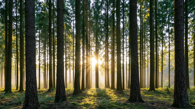 Sun rays breaking through tall conifer trees in a dense forest at dawn