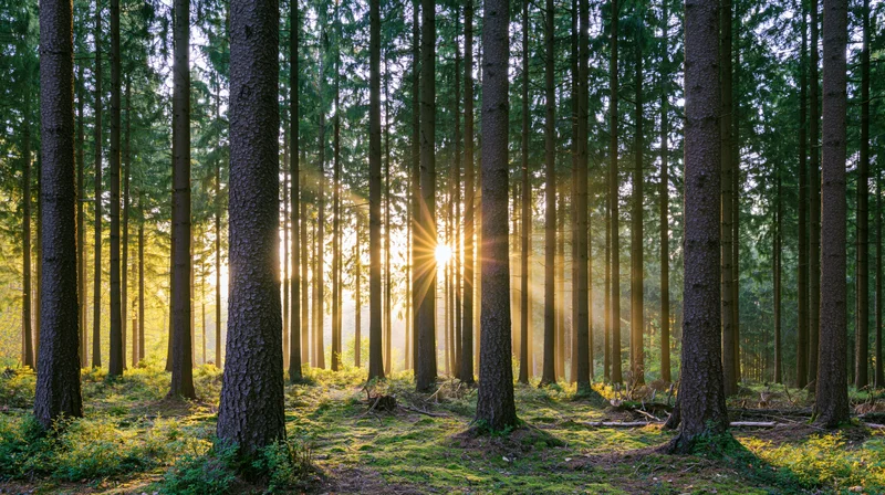 Sun rays breaking through tall conifer trees in a dense forest at dawn