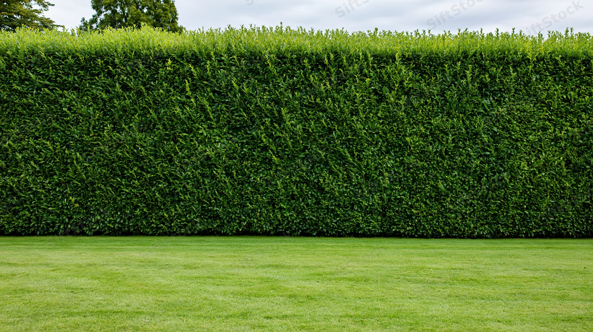 Tall neatly trimmed hedge wall running across a green lawn in a formal garden