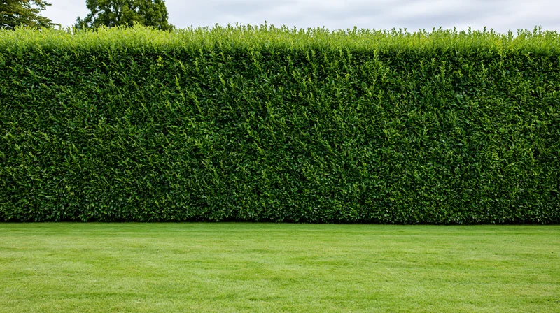 Tall neatly trimmed hedge wall running across a green lawn in a formal garden