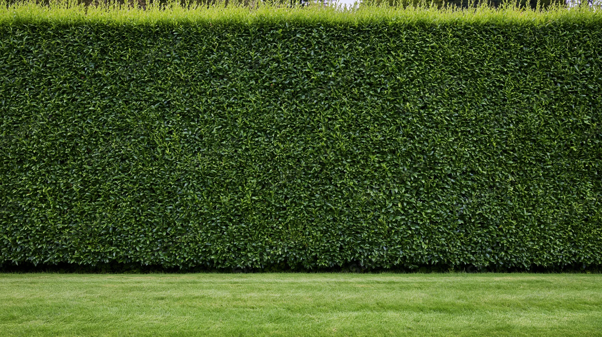Tall neatly trimmed hedge wall running full width along a lawn
