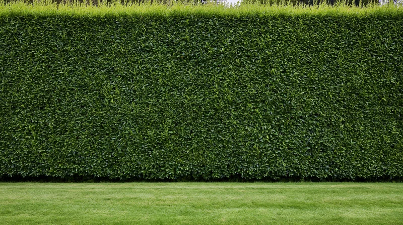 Tall neatly trimmed hedge wall running full width along a lawn