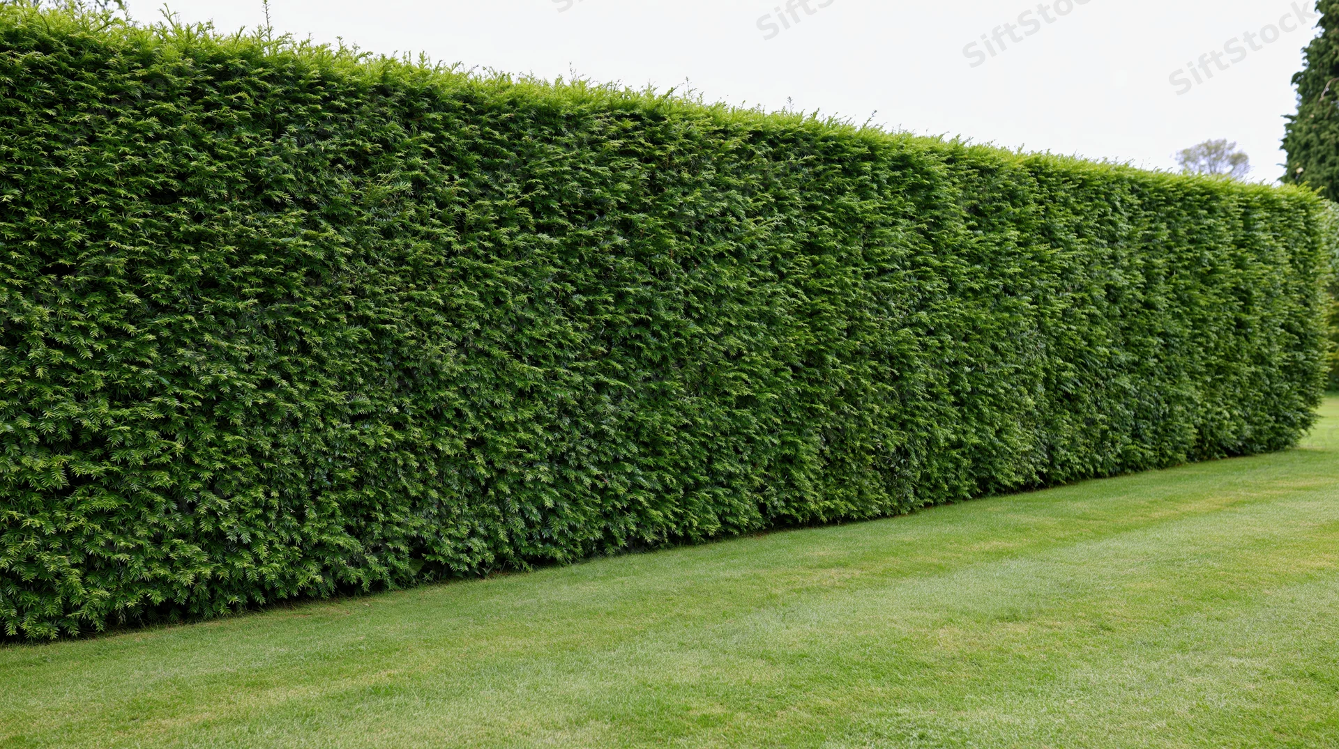 Tall neatly trimmed formal hedge wall running along a mowed lawn in a garden setting