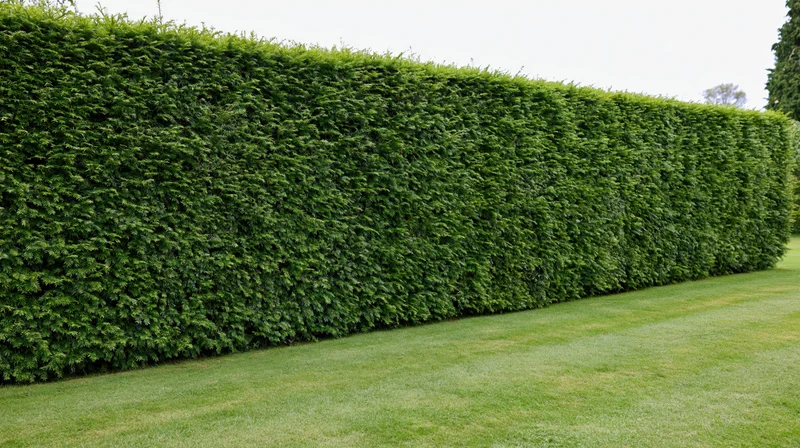 Tall neatly trimmed formal hedge wall running along a mowed lawn in a garden setting