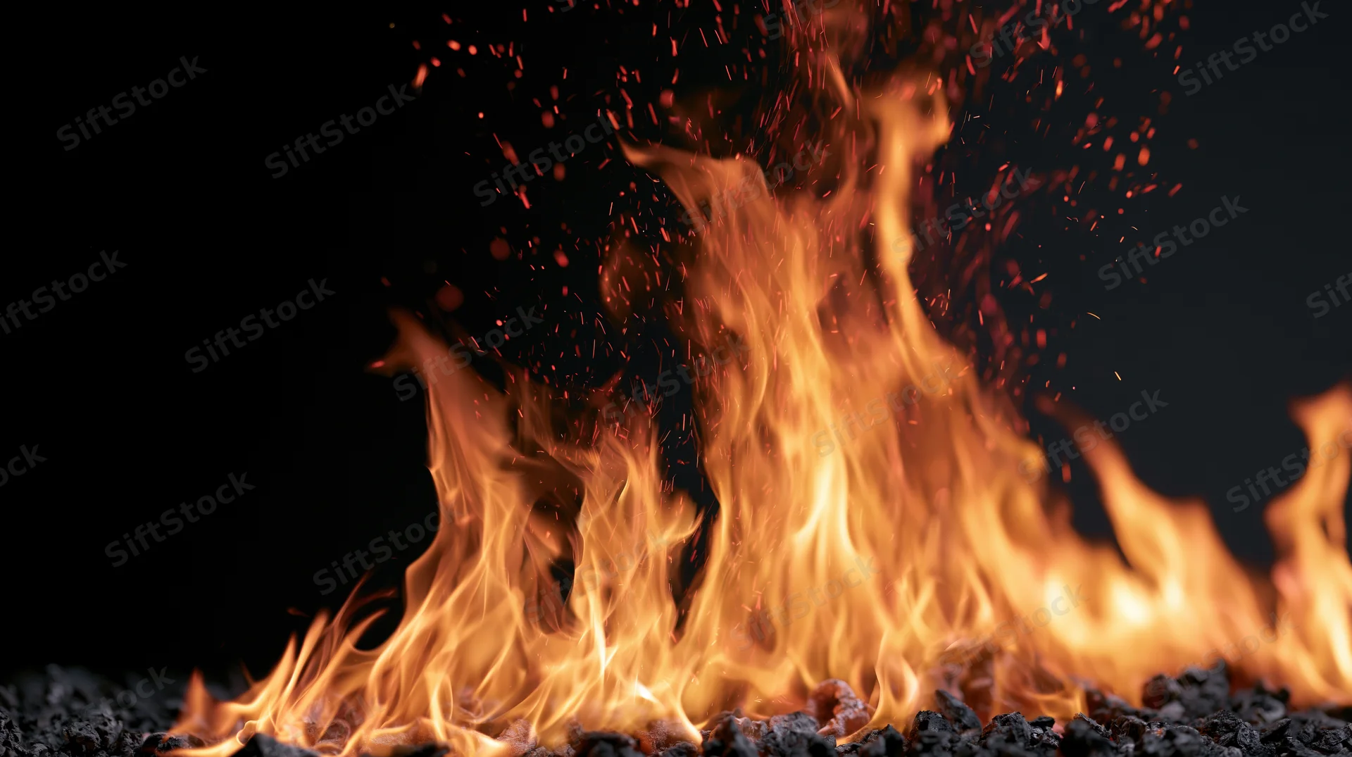 Flames rising from burning embers against a black background