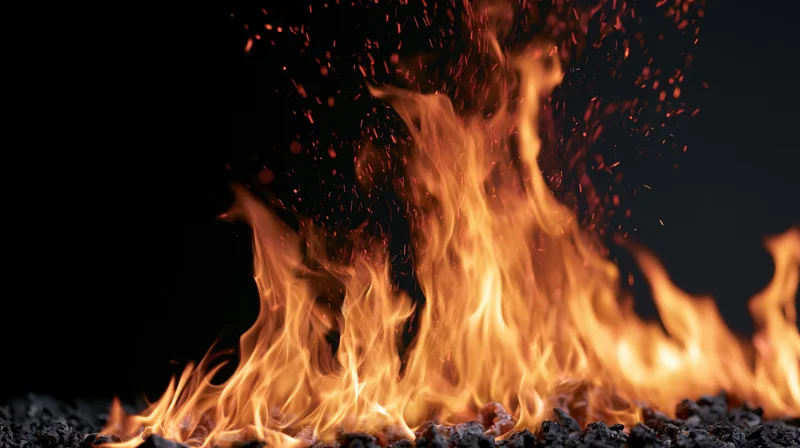 Flames rising from burning embers against a black background