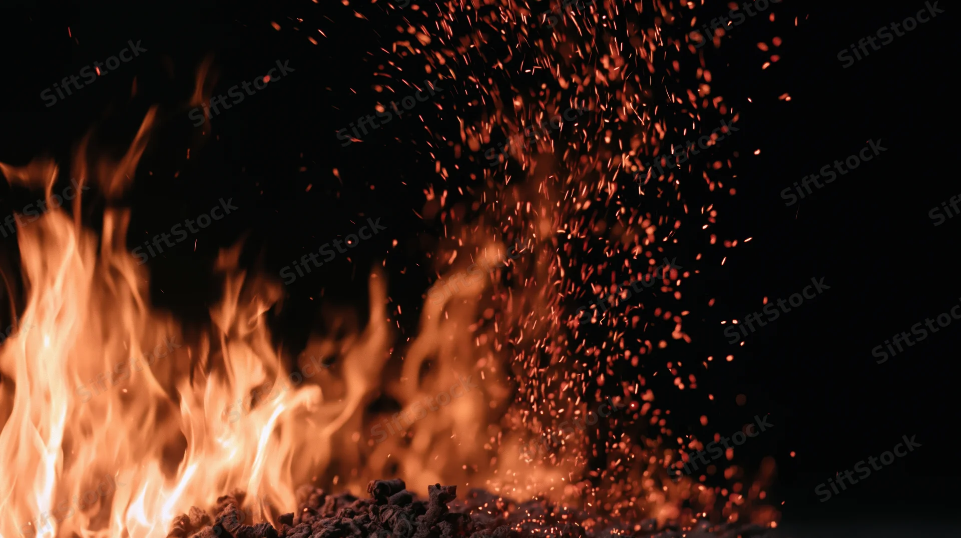 Tall flames and glowing embers rising from burning fuel against a dark background