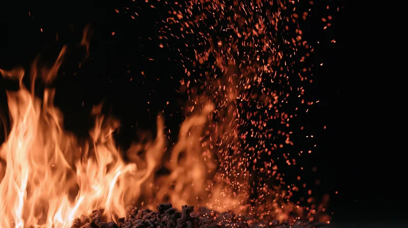 Tall flames and glowing embers rising from burning fuel against a dark background