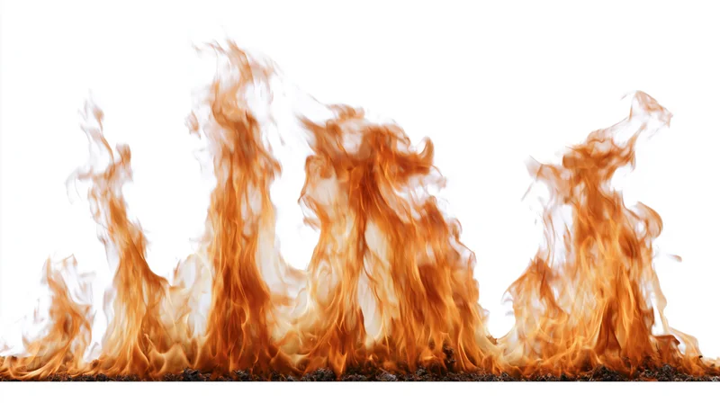 Tall flames burning upward against a pure white background