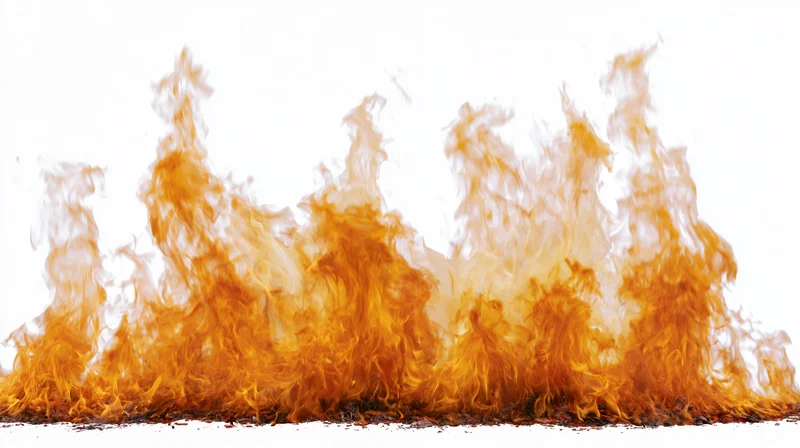 Tall flames burning upward against a pure white background