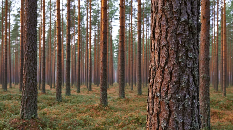 Tall pine trees standing in straight rows across a forest floor covered in moss and fallen needles