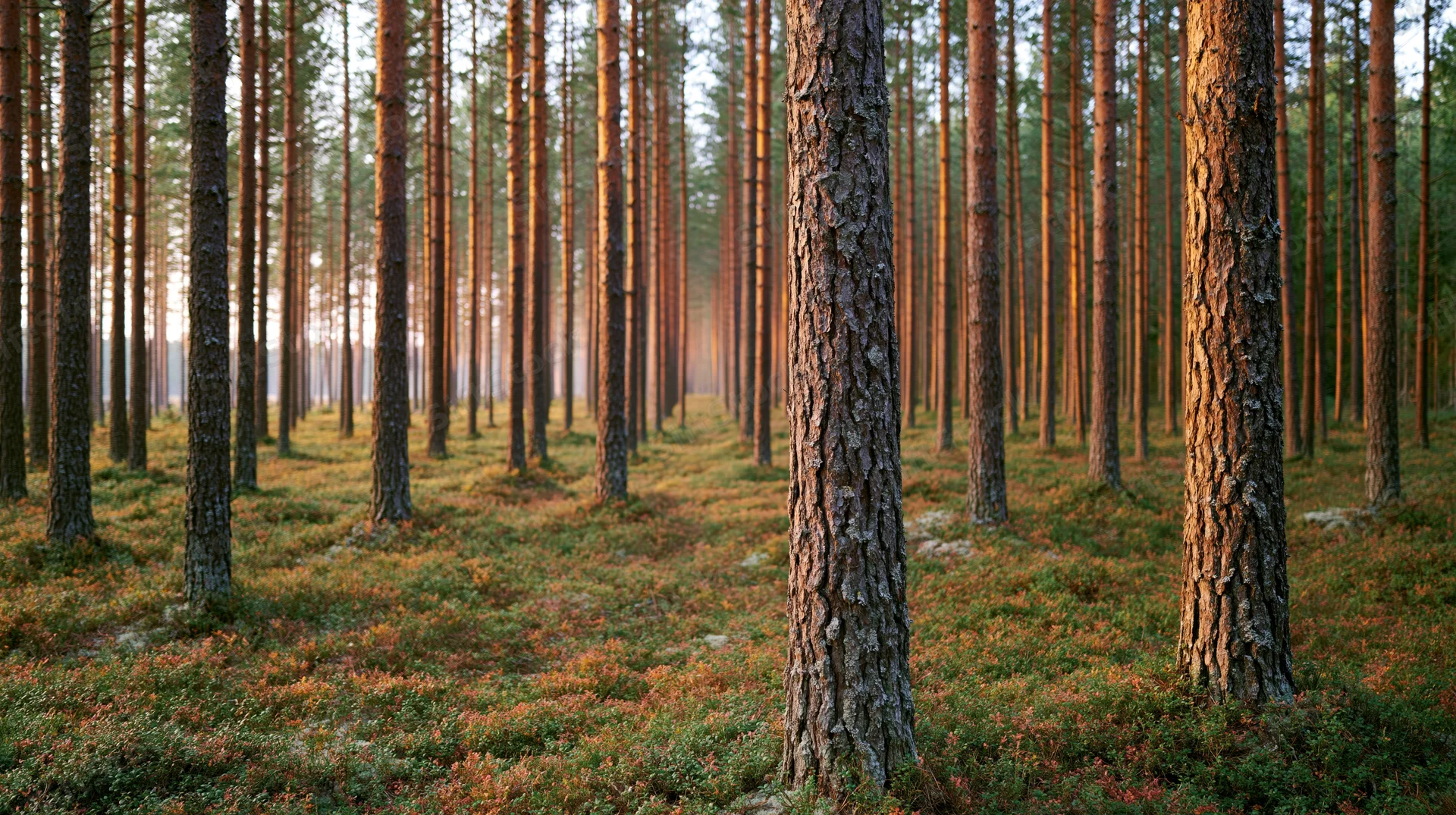 Rows of tall pine trees in a forest interior with sunlight filtering through the canopy