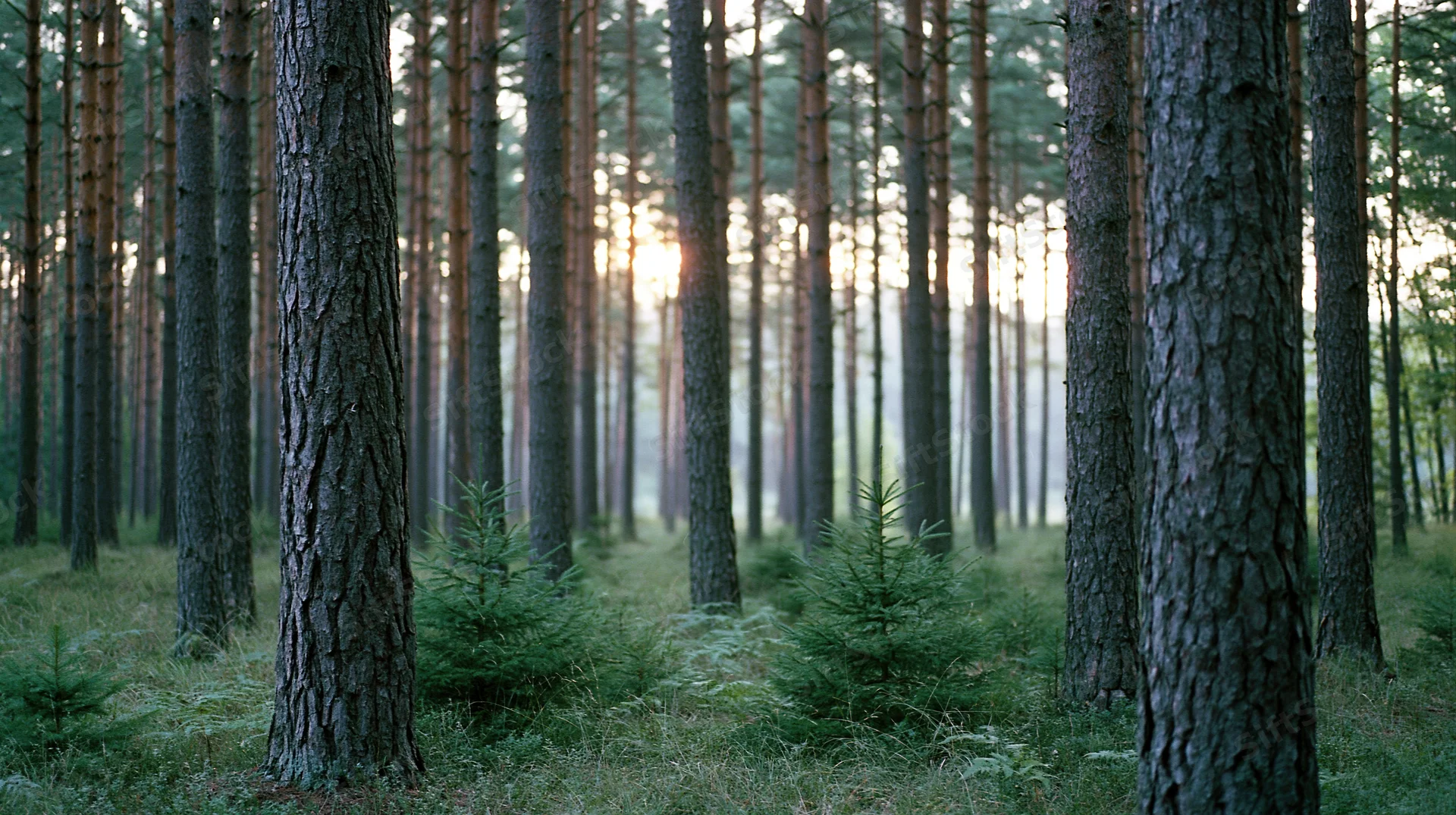 Tall pine trees standing vertically in a dense forest with sunlight filtering through the canopy at dawn or dusk