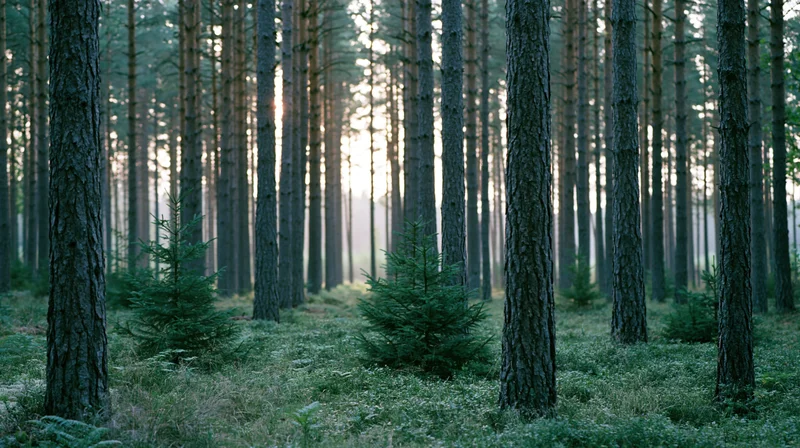 Tall pine trees standing densely in a forest with sunlight filtering through at dusk