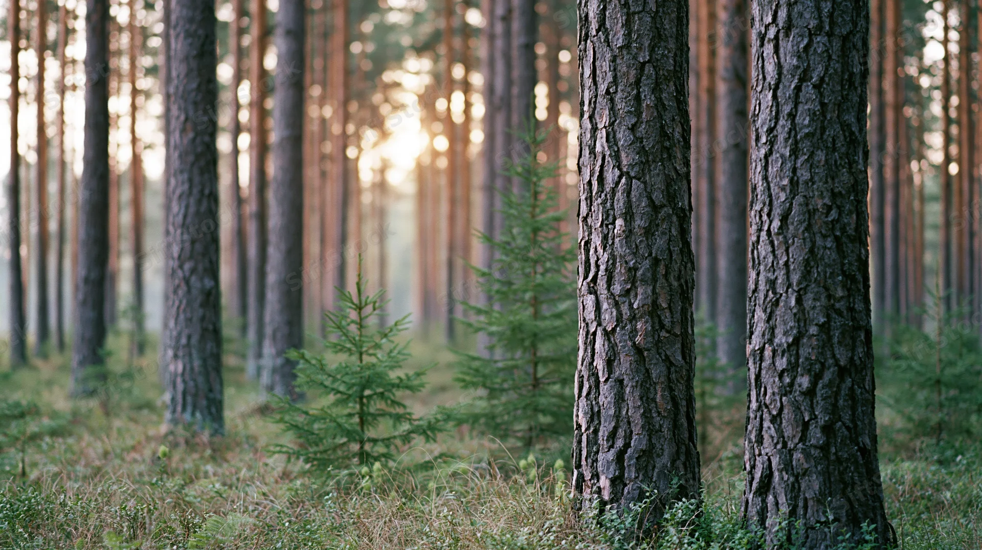 Tall pine trees with textured bark and young saplings in a dense forest at golden hour