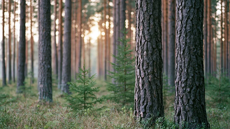 Tall pine trees with textured bark and young saplings in a dense forest at golden hour