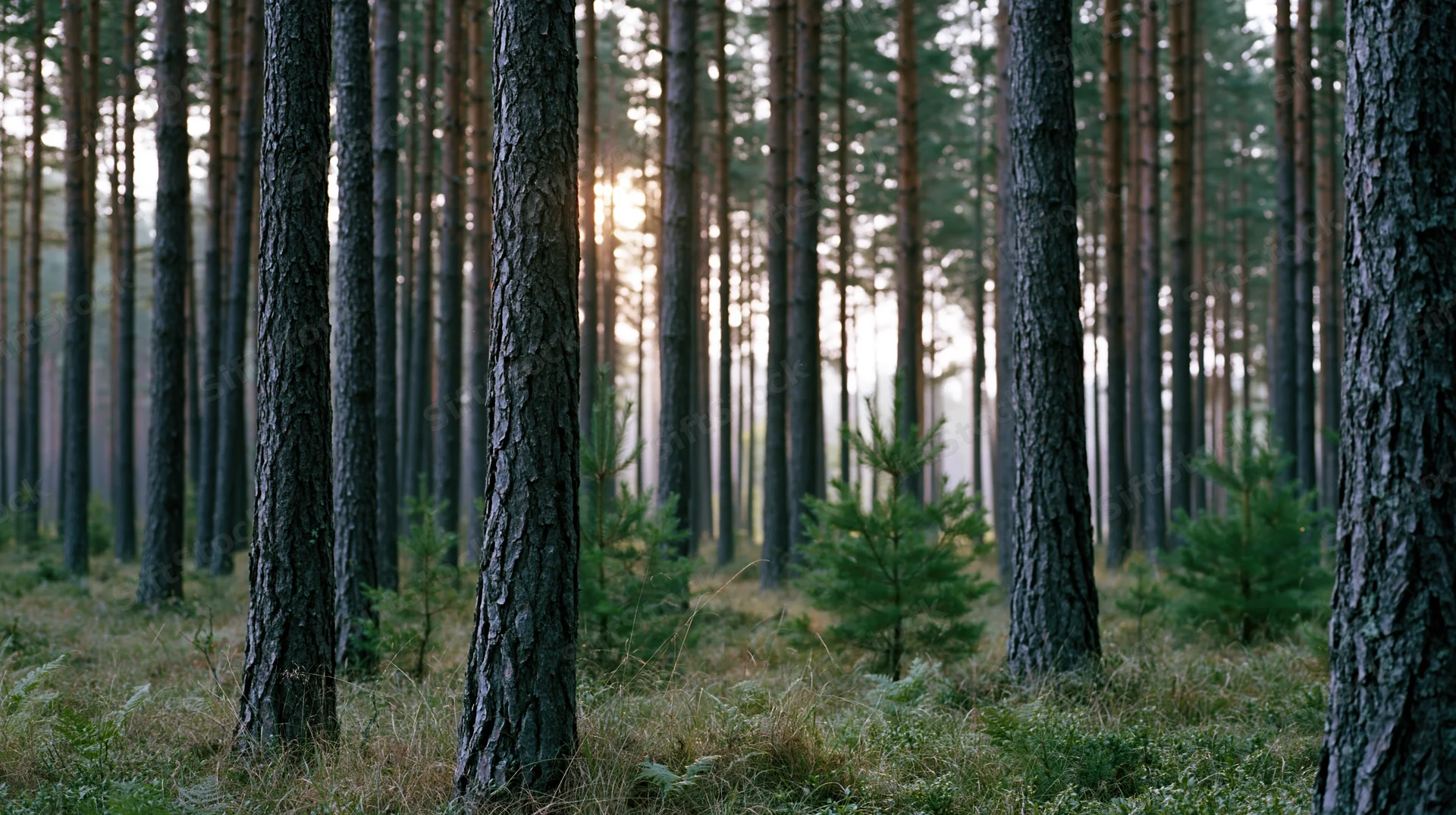 Tall pine trees standing vertically in a dense forest with sunlight filtering through at twilight
