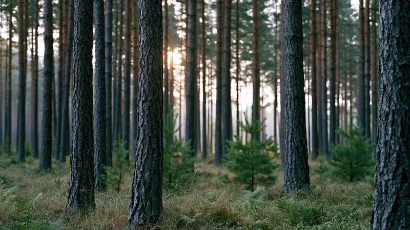 Tall pine trees standing vertically in a dense forest with sunlight filtering through at twilight