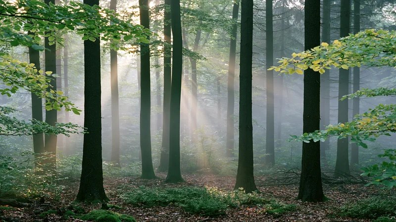 Sunlight streaming through tall straight tree trunks in a misty deciduous forest at dawn