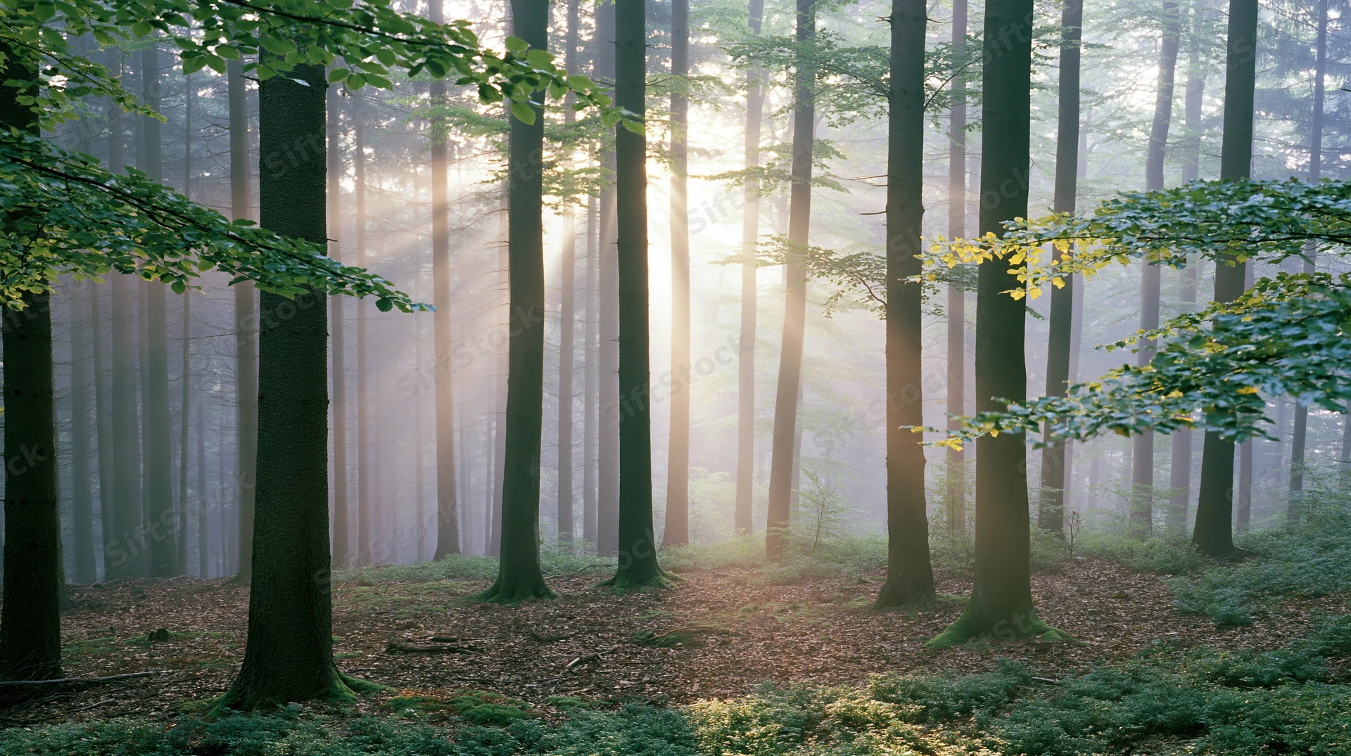 Sunlight filtering through tall straight tree trunks in a misty deciduous forest at dawn