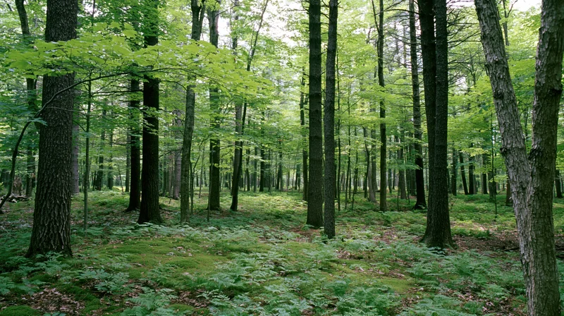 Tall straight tree trunks in a temperate deciduous forest interior with green foliage and ferns on the forest floor