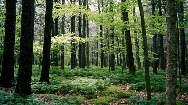 Tall straight tree trunks in a temperate deciduous forest interior with green undergrowth and dappled light
