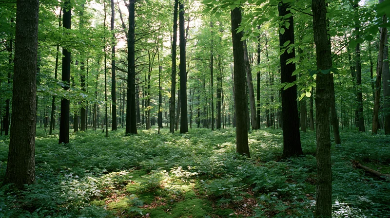 Tall straight tree trunks in a temperate deciduous forest interior with dappled sunlight on mossy ground