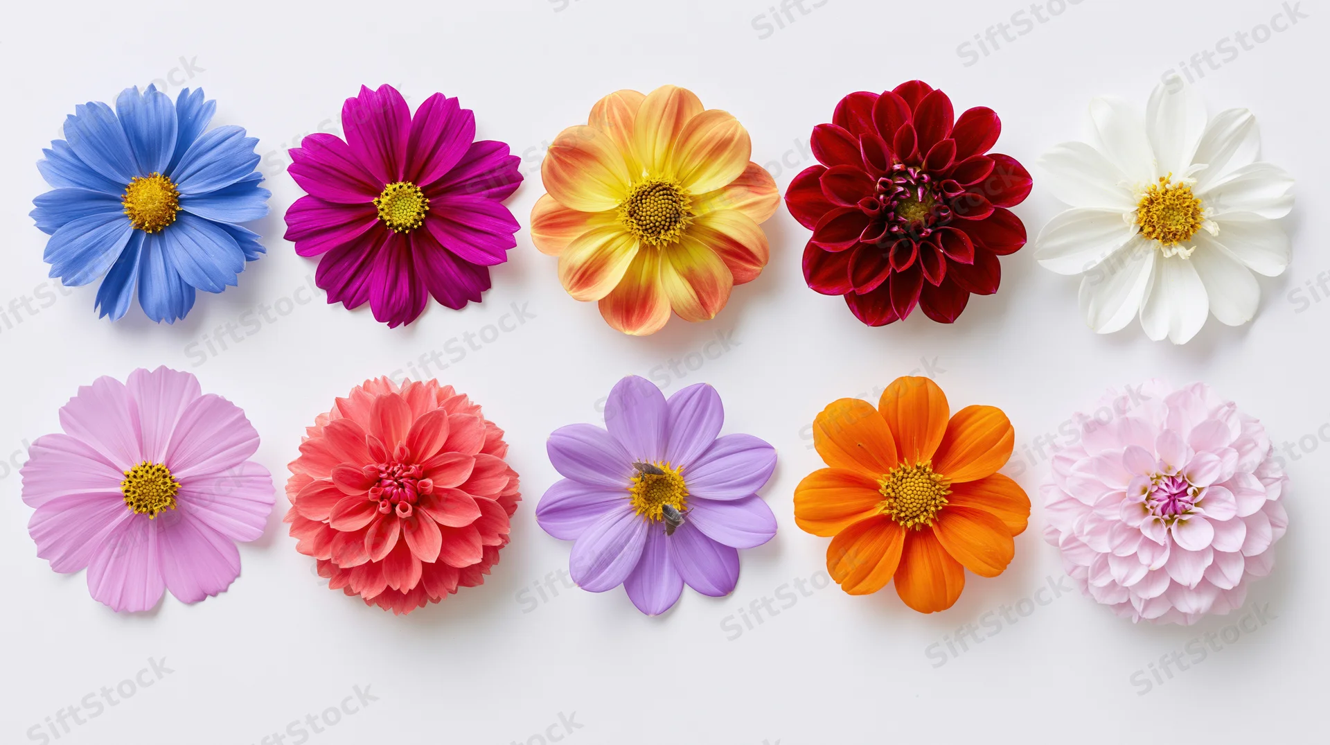 Ten colorful flower heads arranged in two rows on white background