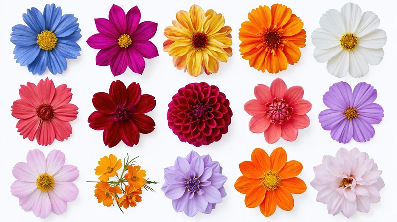 Colorful flower heads arranged in rows on white background