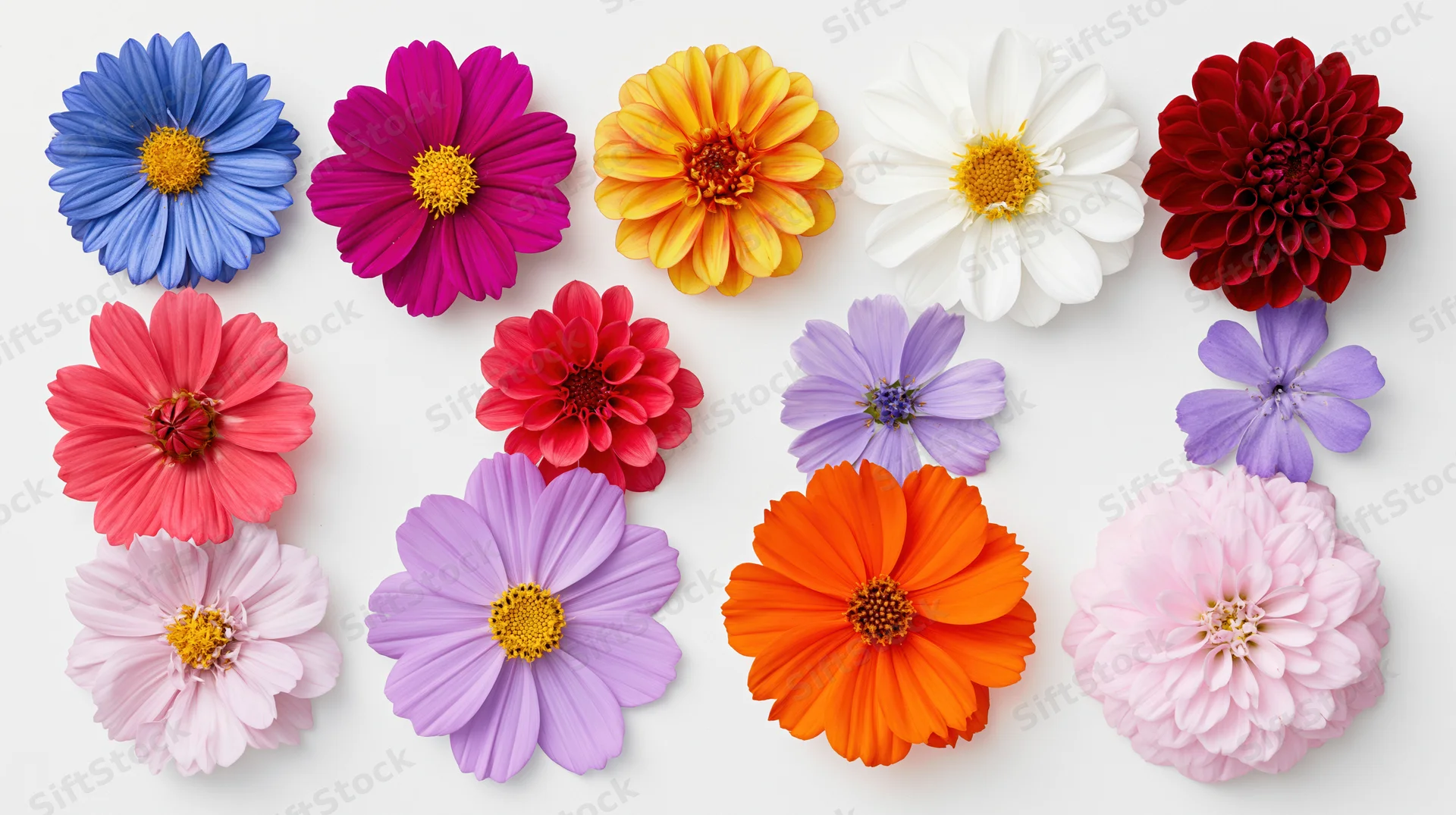 Colorful flower heads arranged in two rows on white background