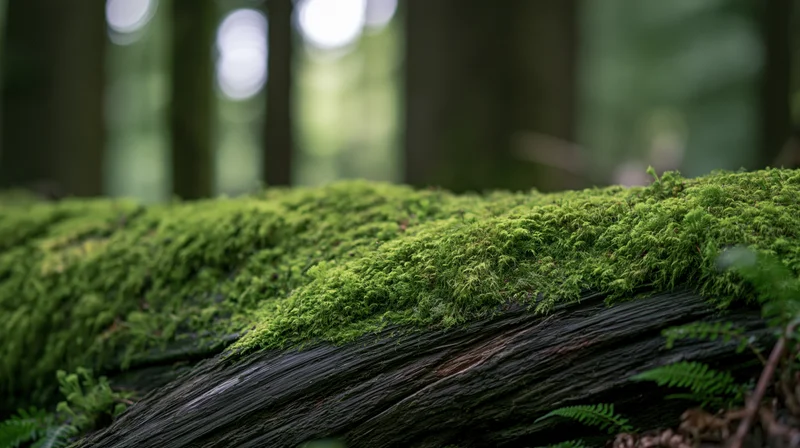 Thick bright green moss covering a fallen log in a temperate forest
