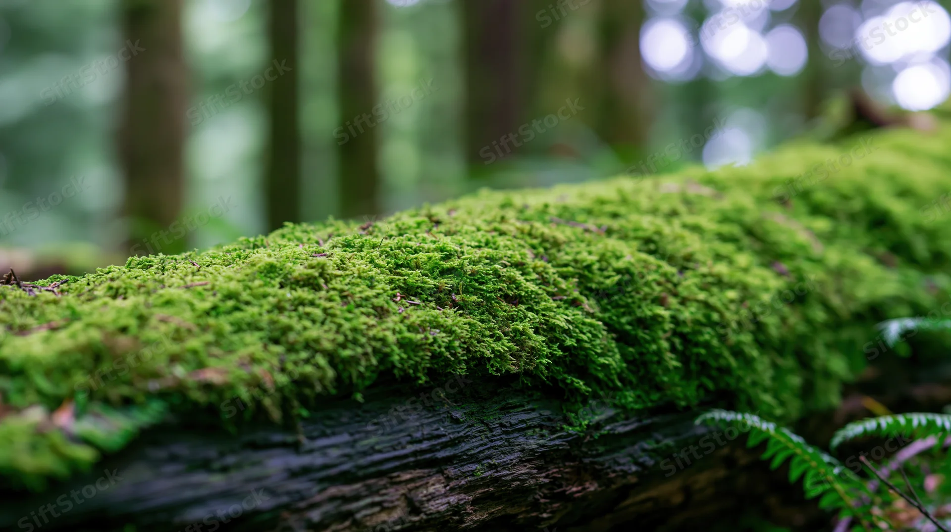 Thick green moss covering a fallen log in a temperate forest