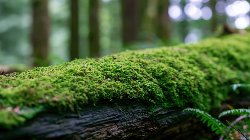 Thick green moss covering a fallen log in a temperate forest