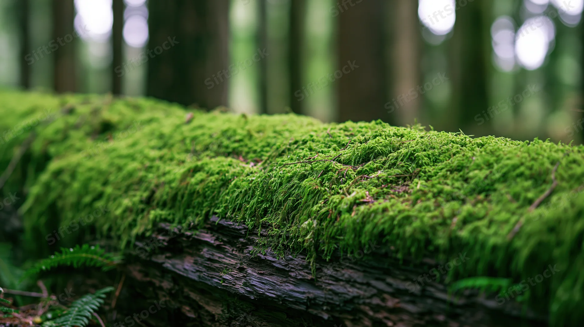 Thick green moss covering a fallen log in a temperate forest