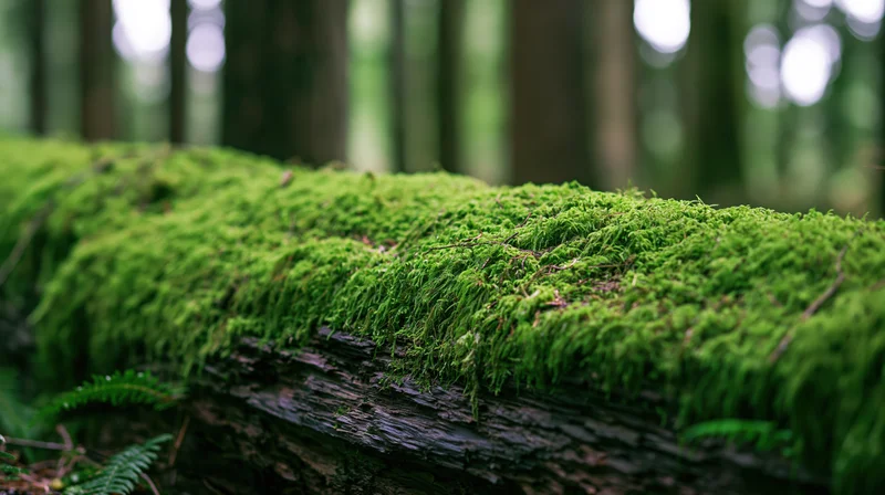 Thick green moss covering a fallen log in a temperate forest
