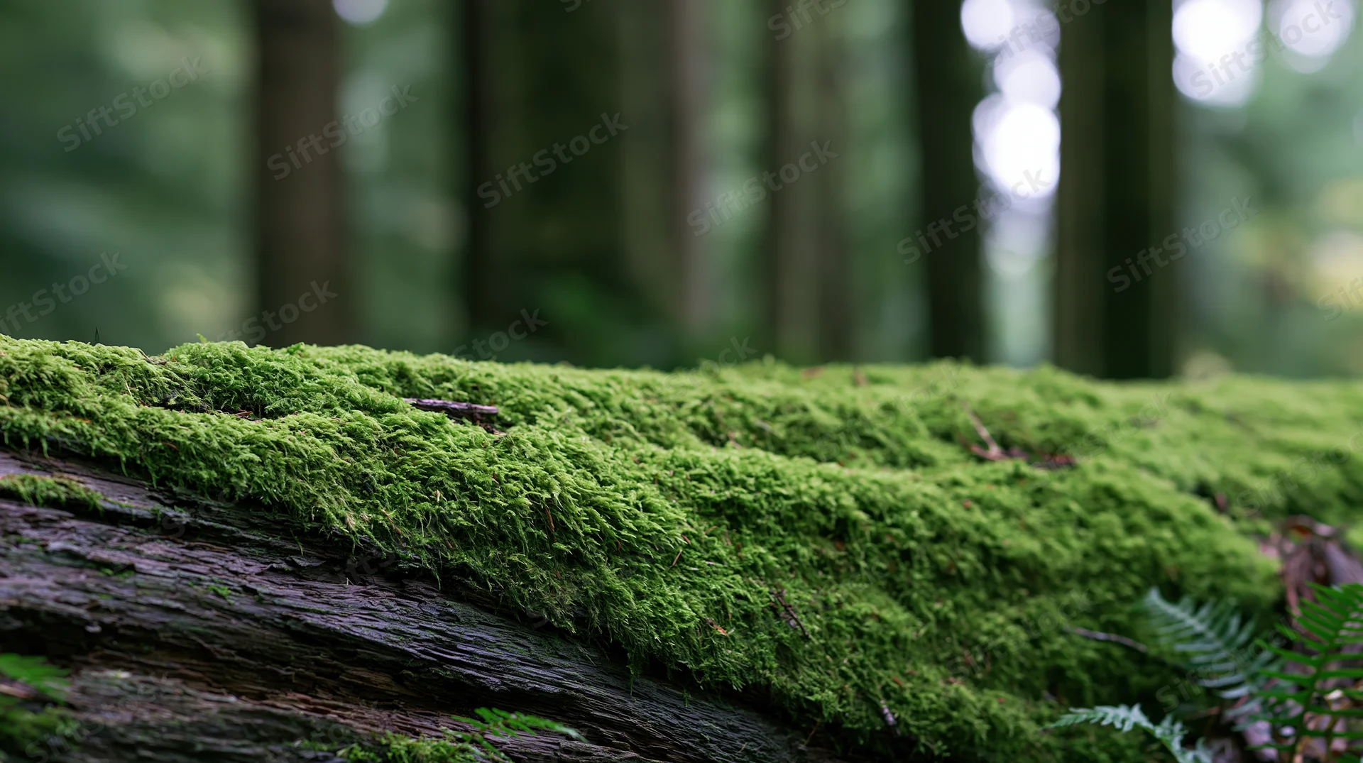 Thick green moss covering a fallen log in a temperate forest