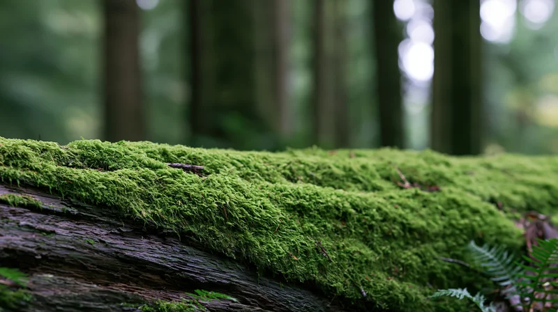 Thick green moss covering a fallen log in a temperate forest