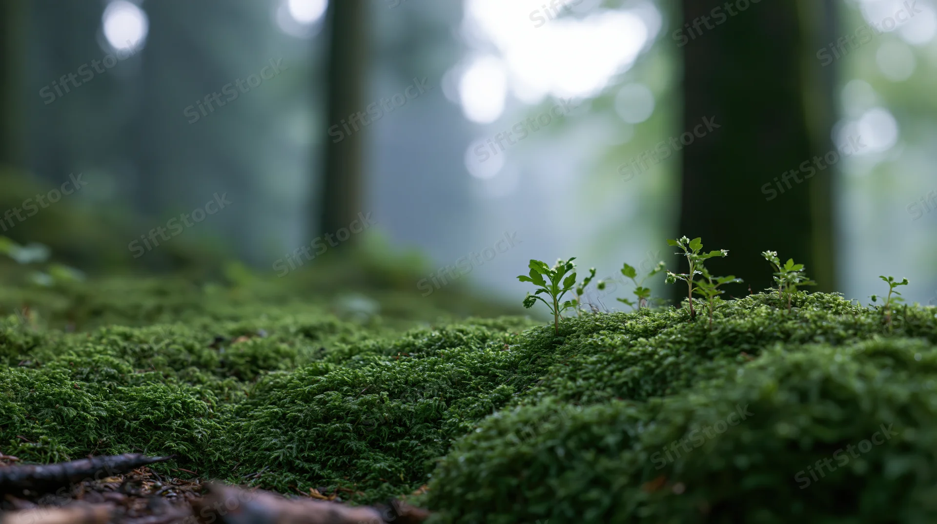 Thick green moss covering forest floor with small sprouts emerging in shaded woodland