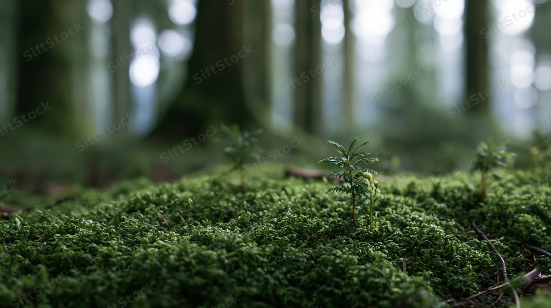 Thick green moss carpet covering forest floor with small sprouts emerging from it