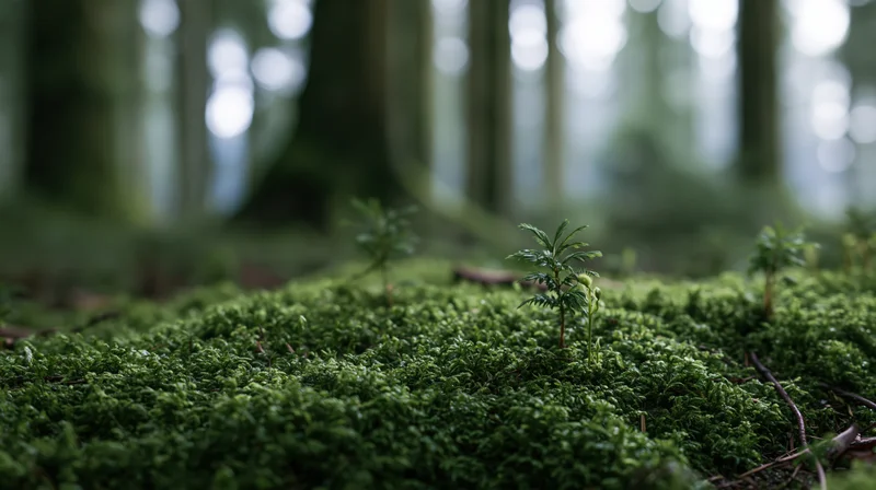 Thick green moss carpet covering forest floor with small sprouts emerging from it